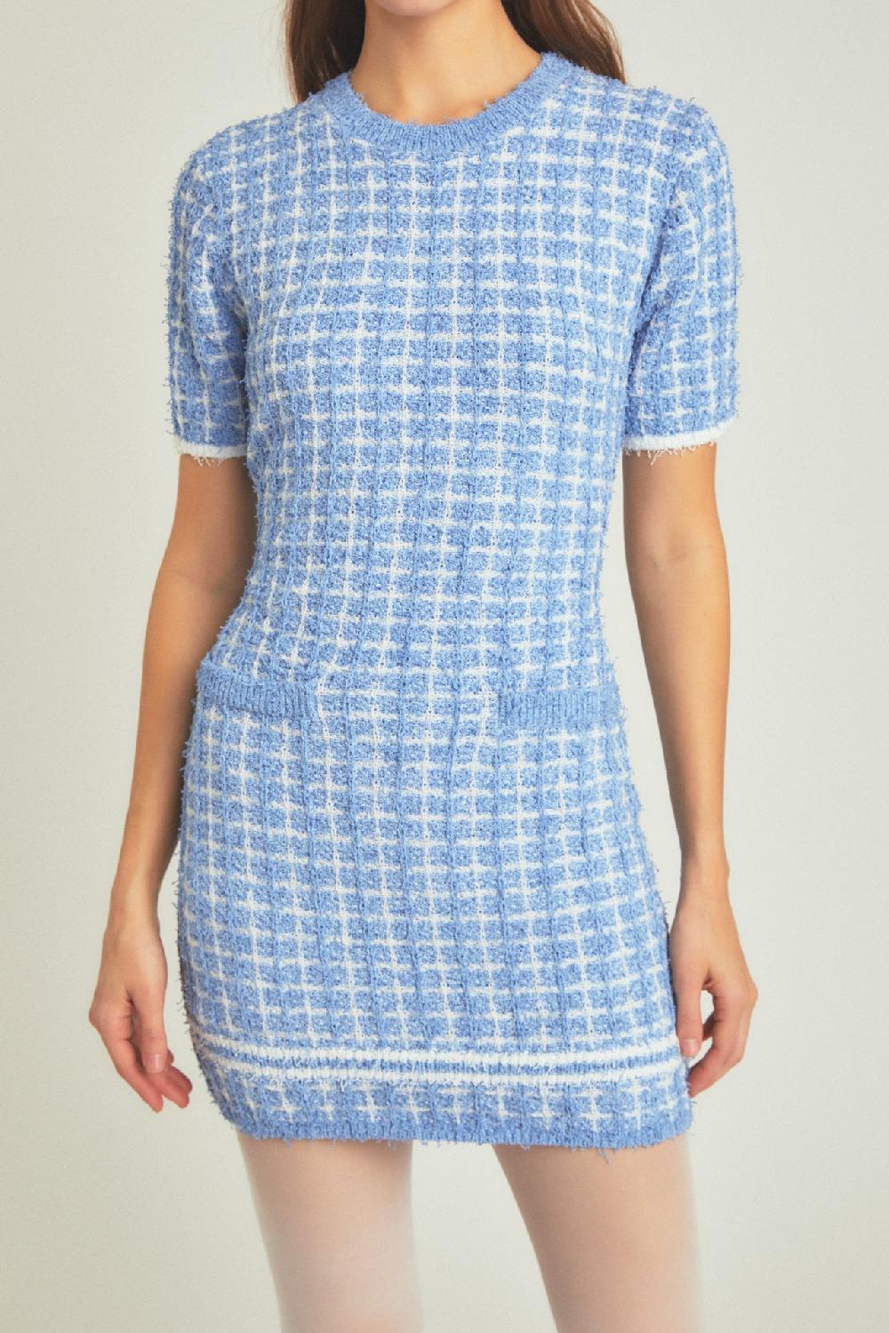 Endless Rose Check Sweater Mini Dress POWDER BLUE