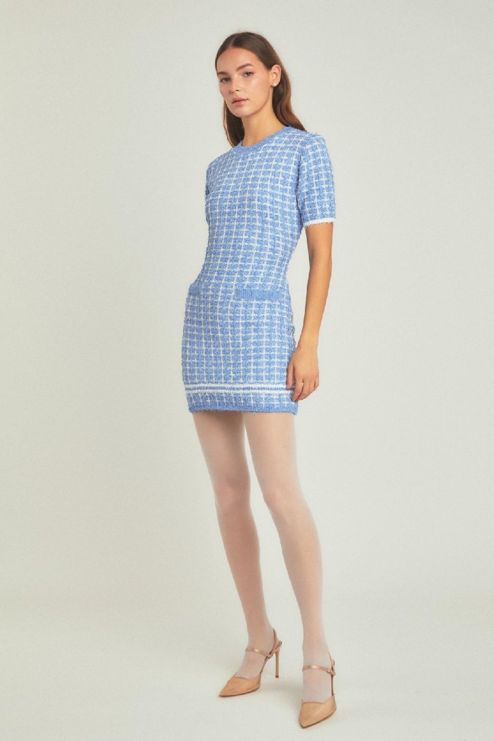 Endless Rose Check Sweater Mini Dress POWDER BLUE