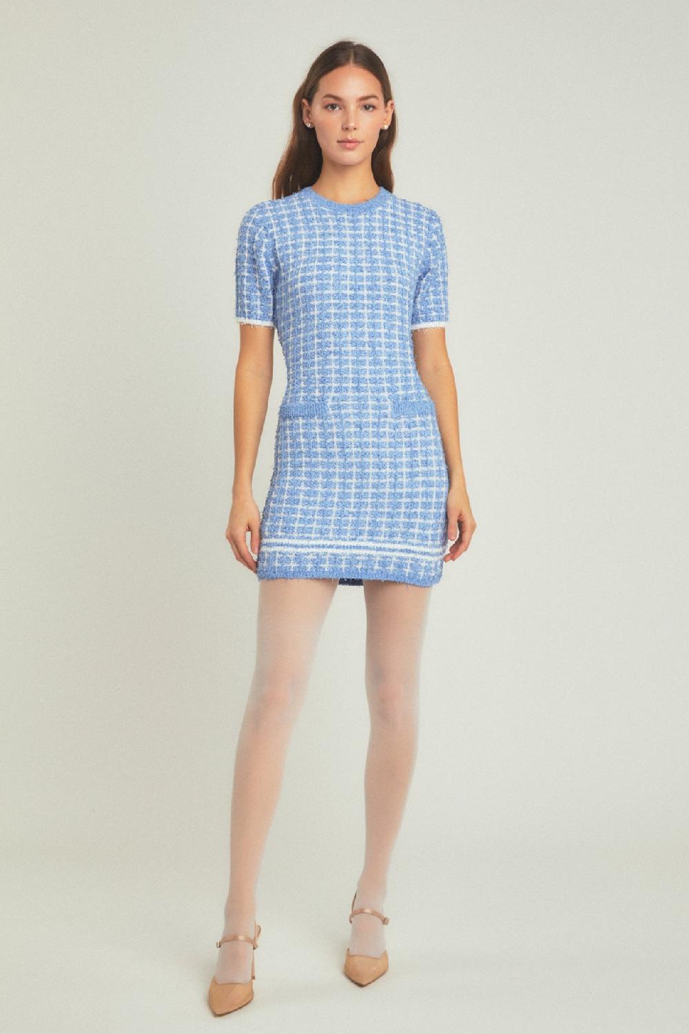 endless rose Check Sweater Mini Dress POWDER BLUE