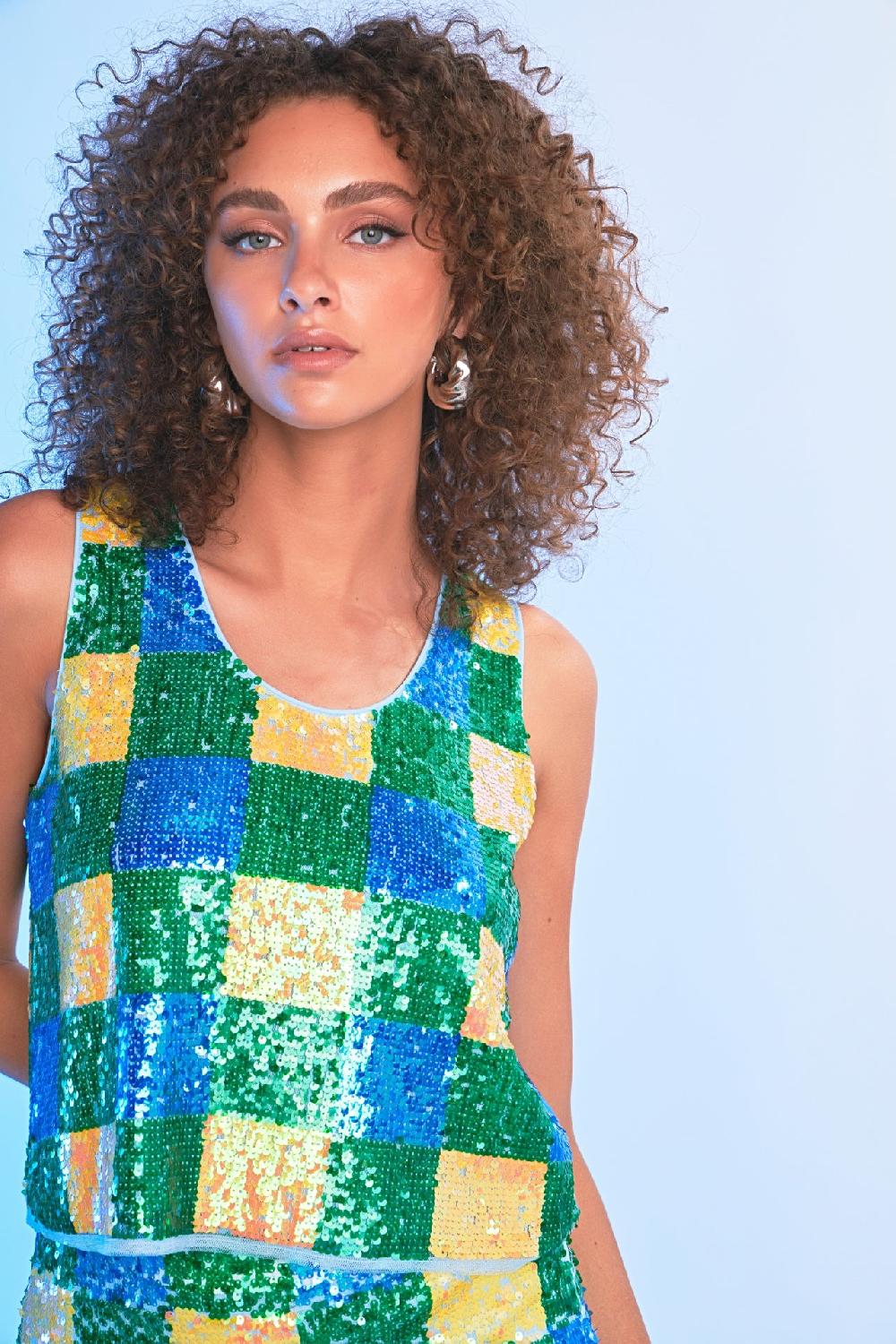 Endless Rose Checkered Sequin Top BLUE MULTI