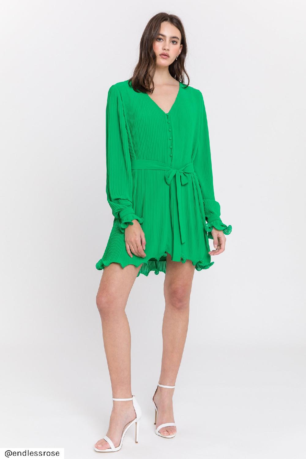endless rose Chiffon Pleated Mini Dress GREEN