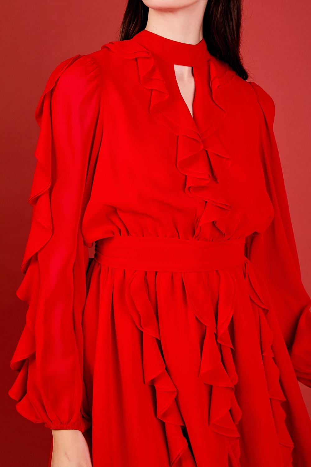 Endless Rose Chiffon Ruffled V Mini Dress RED