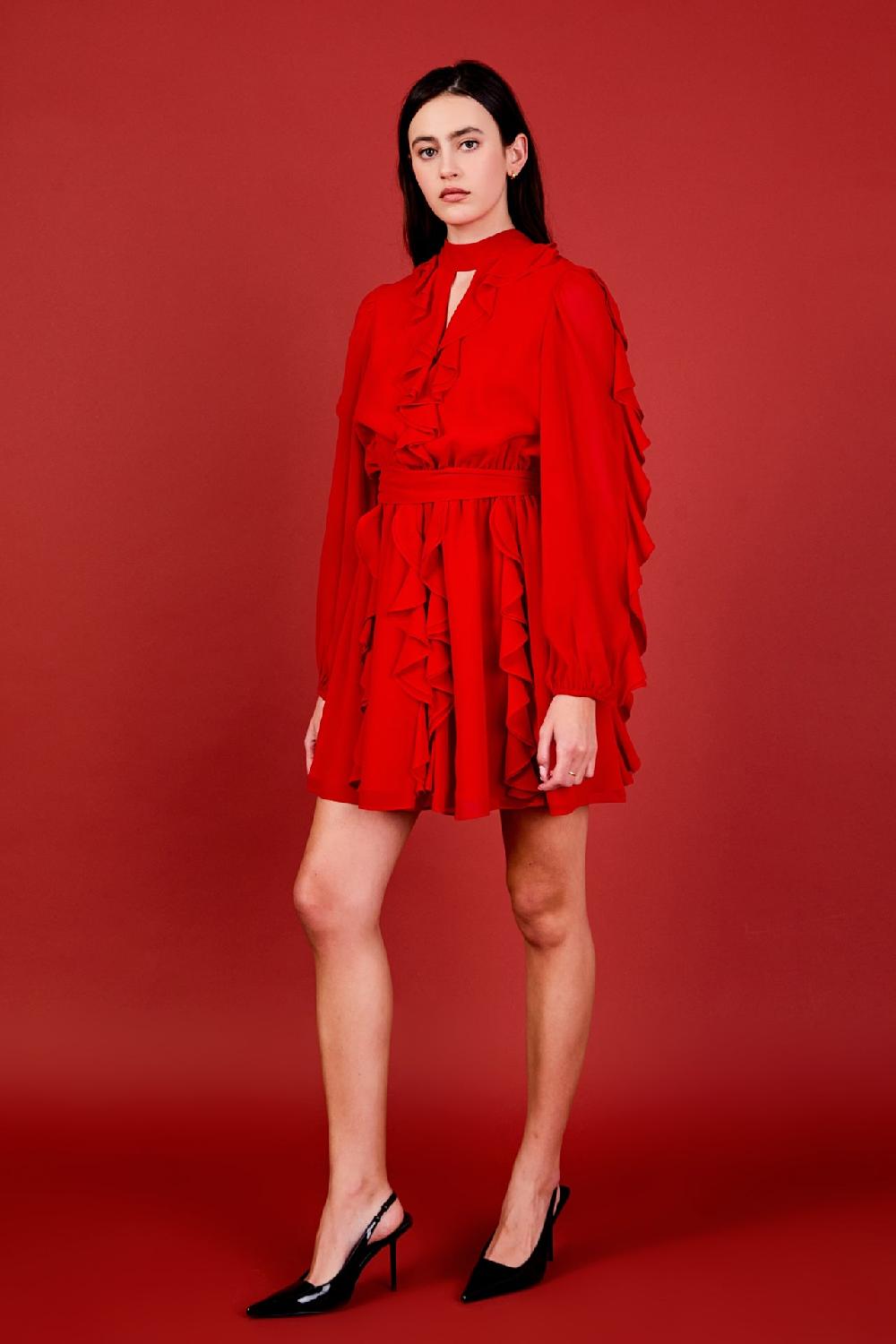 Endless Rose Chiffon Ruffled V Mini Dress RED