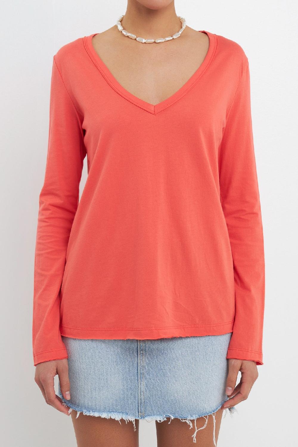 Endless Rose Classic Long Sleeve V Neck Tee CORAL