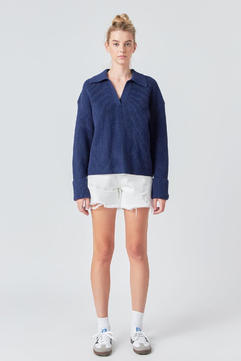 Endless Rose Collar V Neck Knit Top NAVY