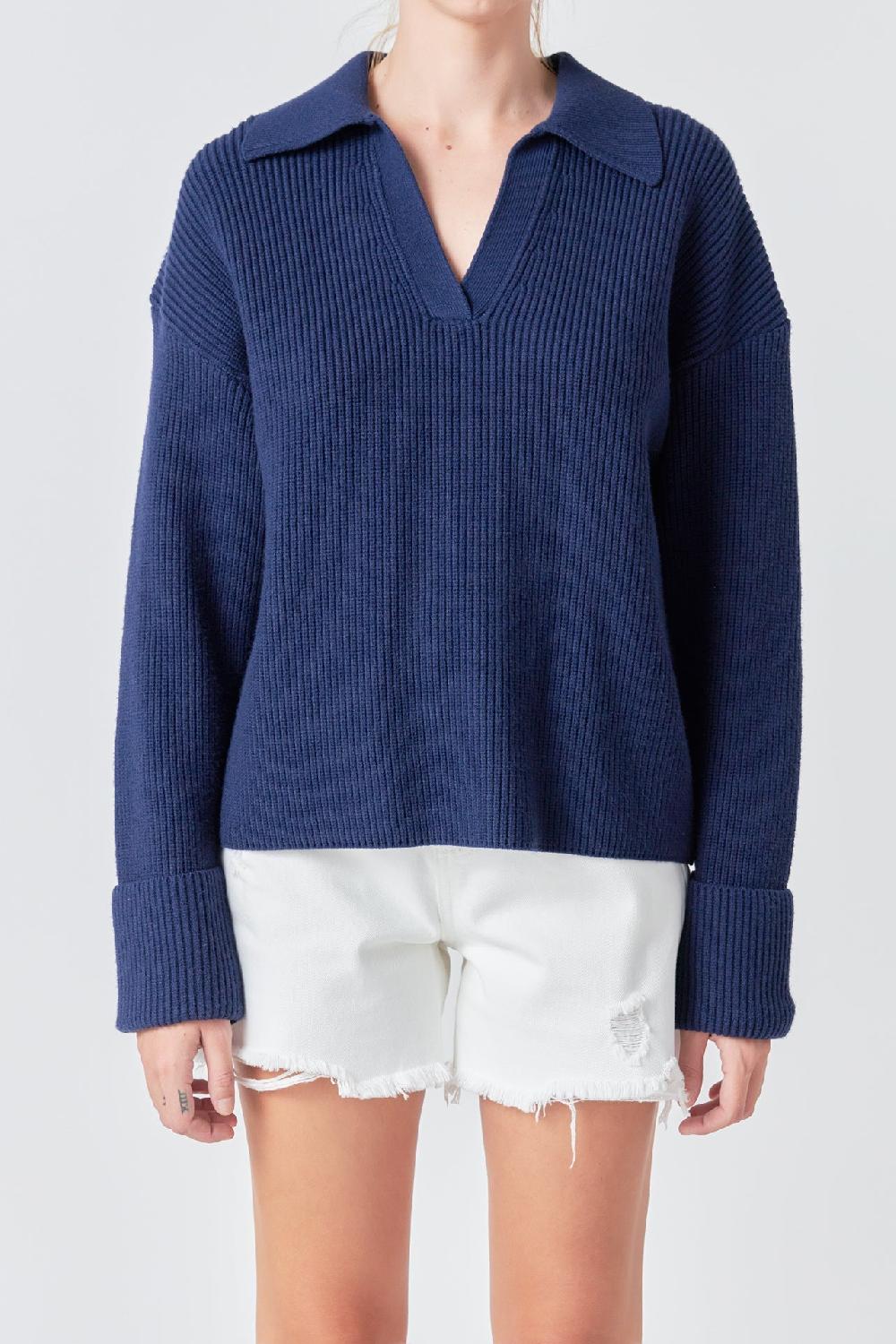 Endless Rose Collar V Neck Knit Top NAVY