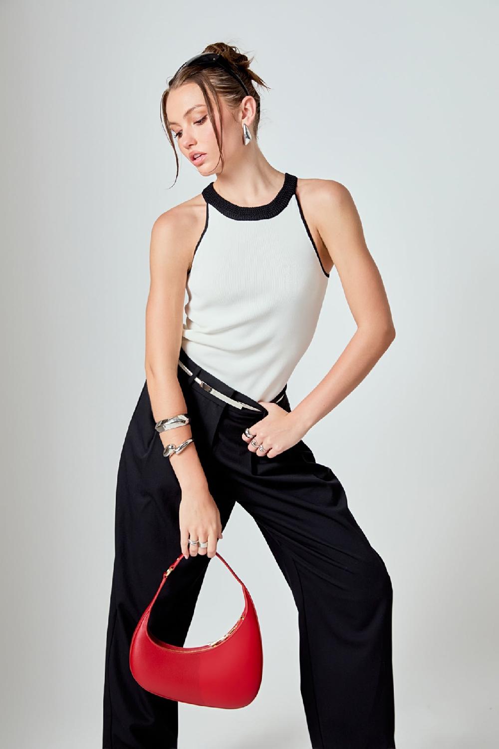 endless rose Contrast Halter Neck Top WHITE/BLACK