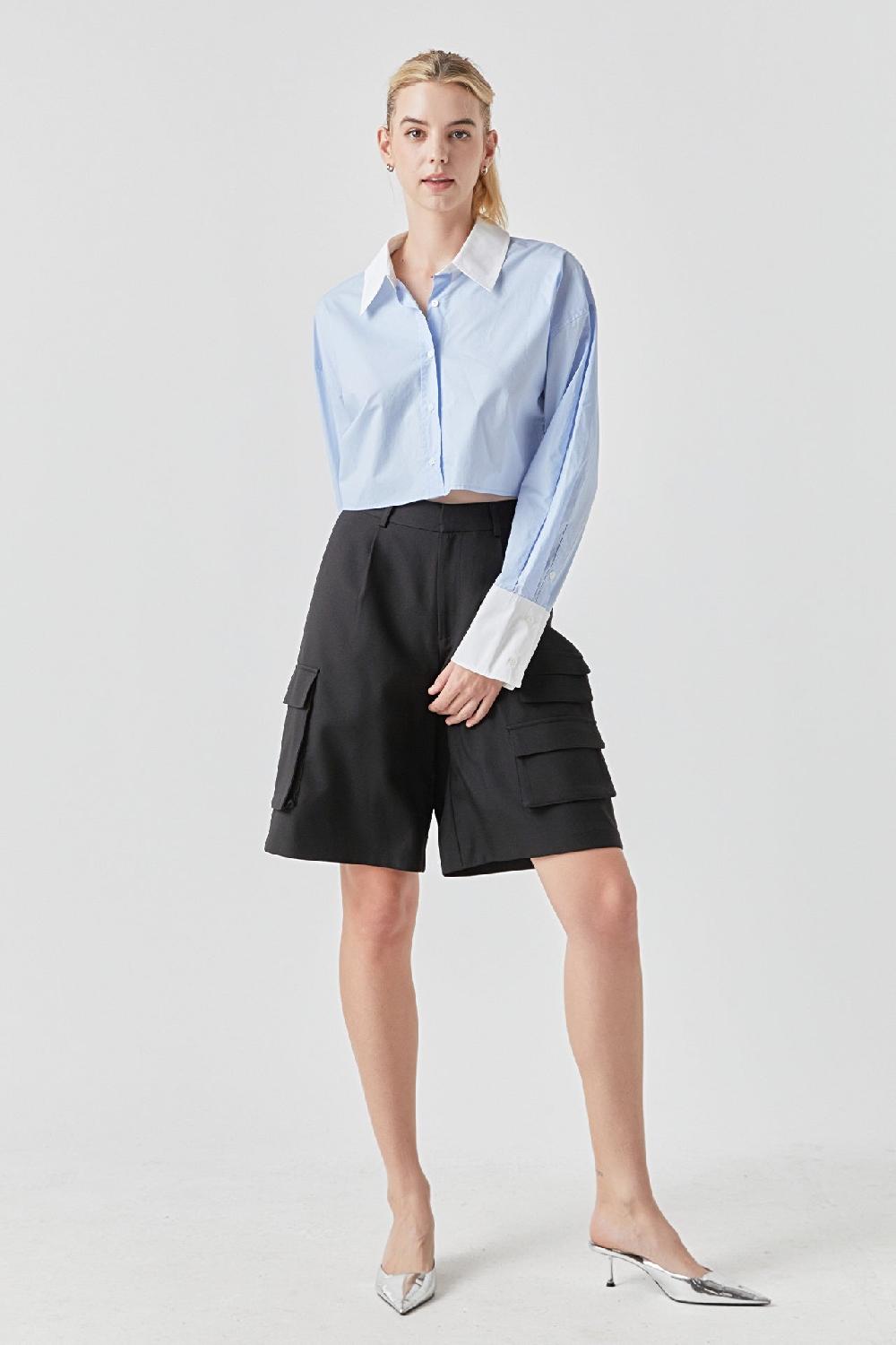 Endless Rose Cotton Cropped Contrast Shirt BLUE