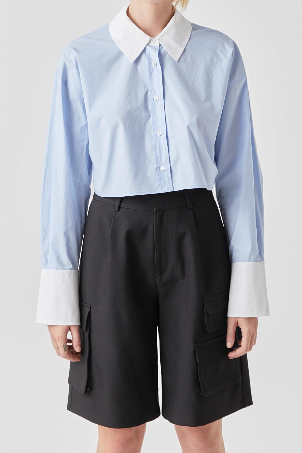 Endless Rose Cotton Cropped Contrast Shirt BLUE