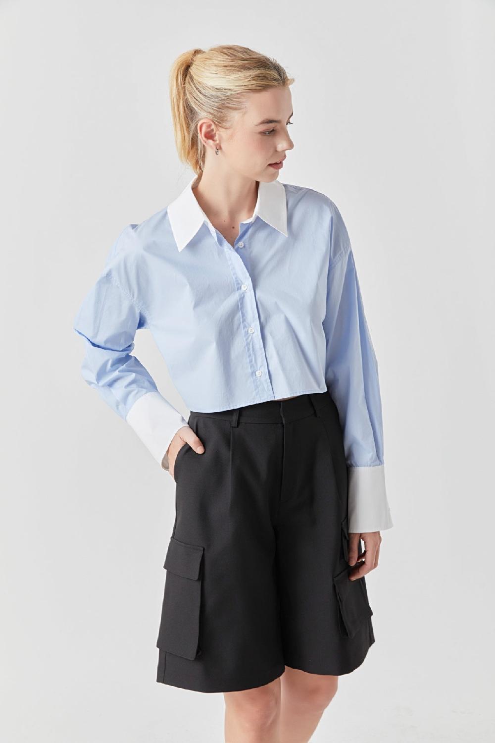 endless rose Cotton Cropped Contrast Shirt BLUE