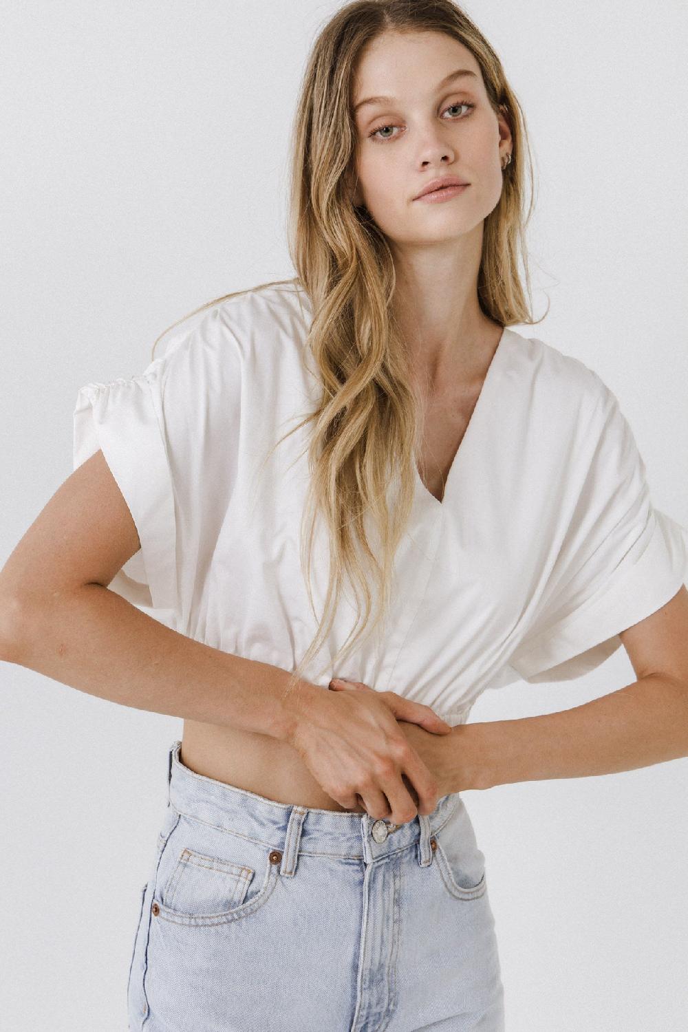 Endless Rose Cotton Drop Shoulder Crop Top WHITE
