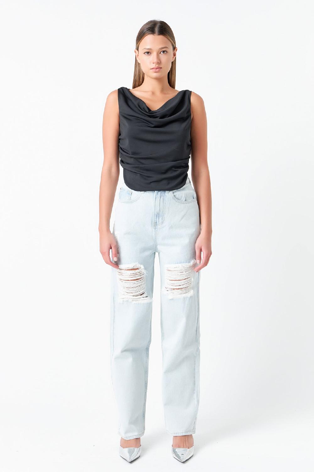 endless rose Cowl Neck Ruched Top BLACK