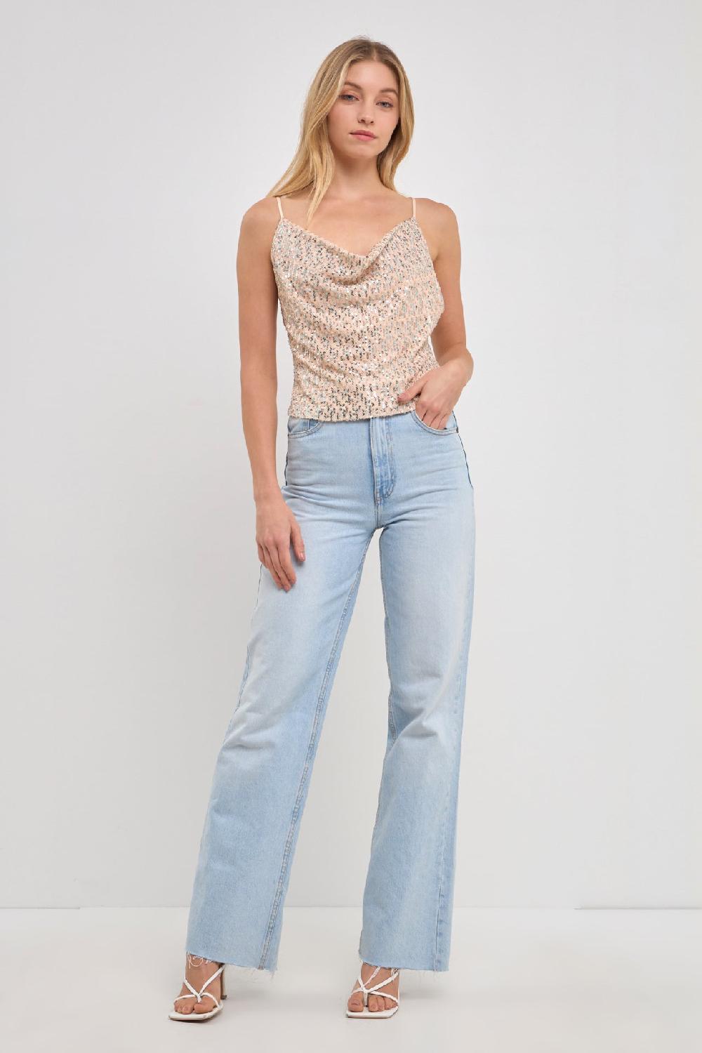 endless rose Cowl Neck Sequin Top IVORY/BLUE