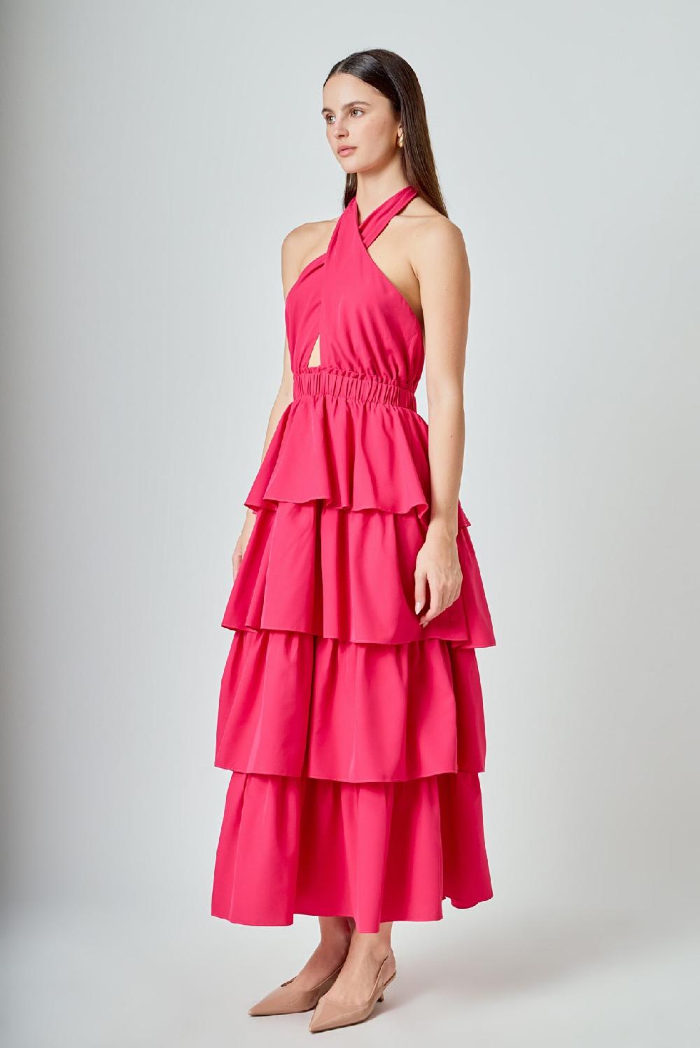 Endless Rose Criss Cross Halter Maxi Dress FUCHSIA