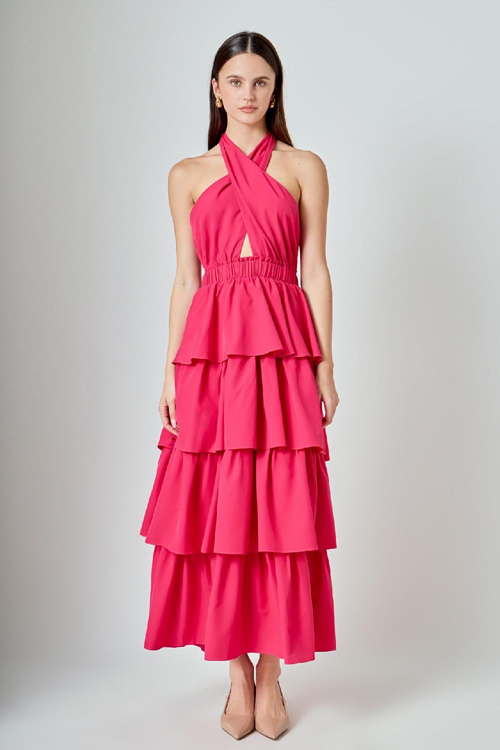 endless rose Criss Cross Halter Maxi Dress FUCHSIA