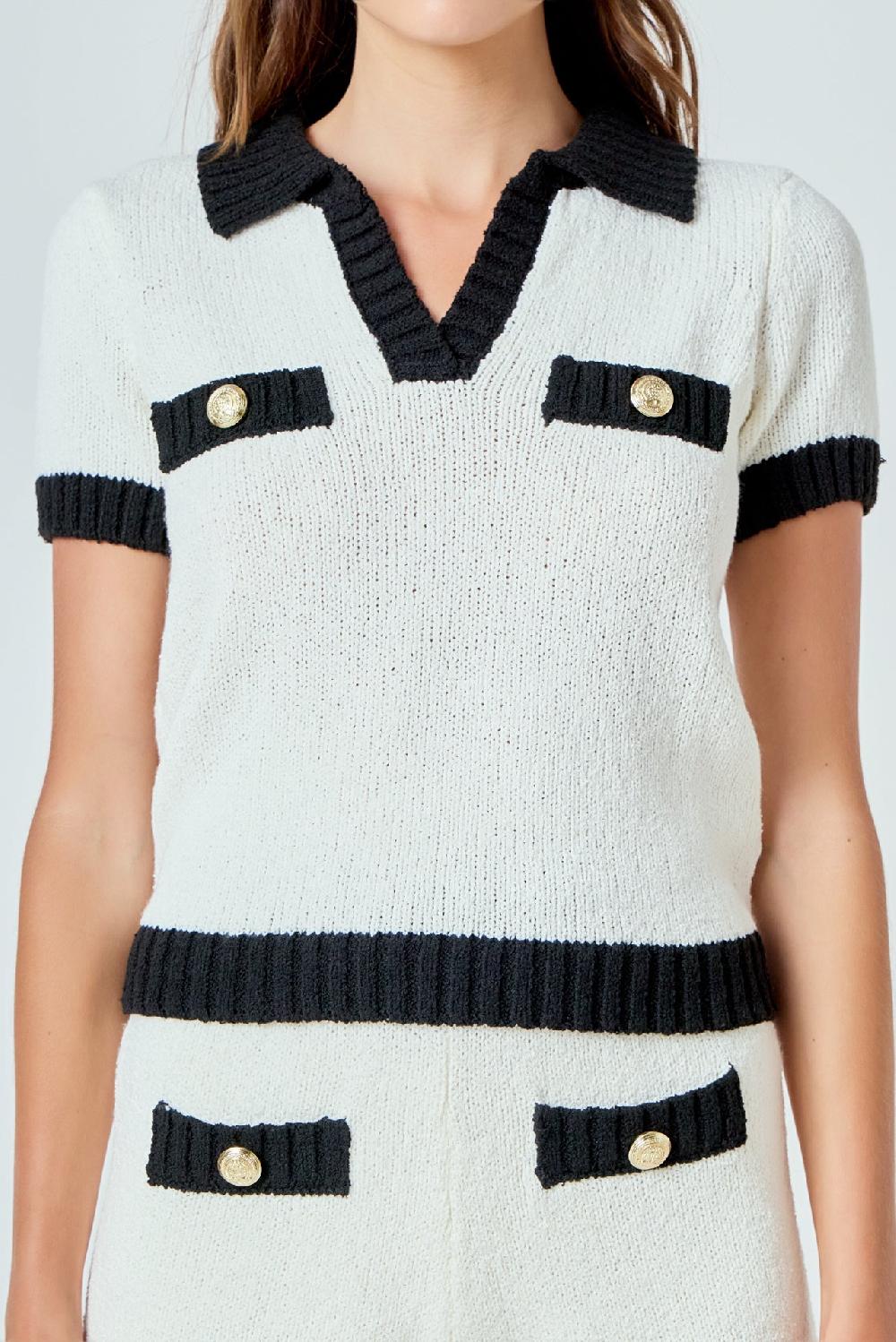 Endless Rose Crochet Knit Collared Top IVORY/BLACK