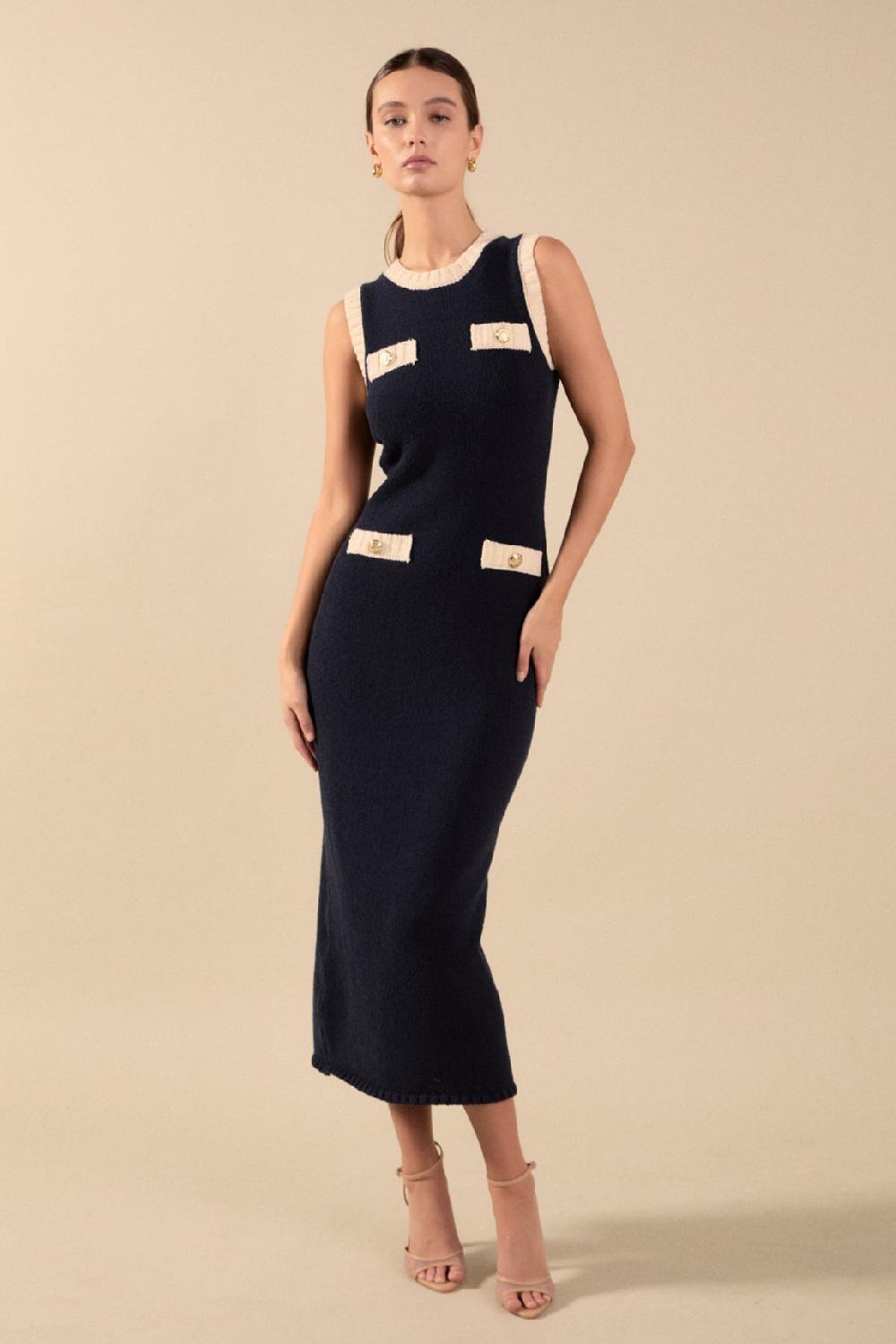 endless rose Crochet Knit Maxi Dress NAVY/CREAM