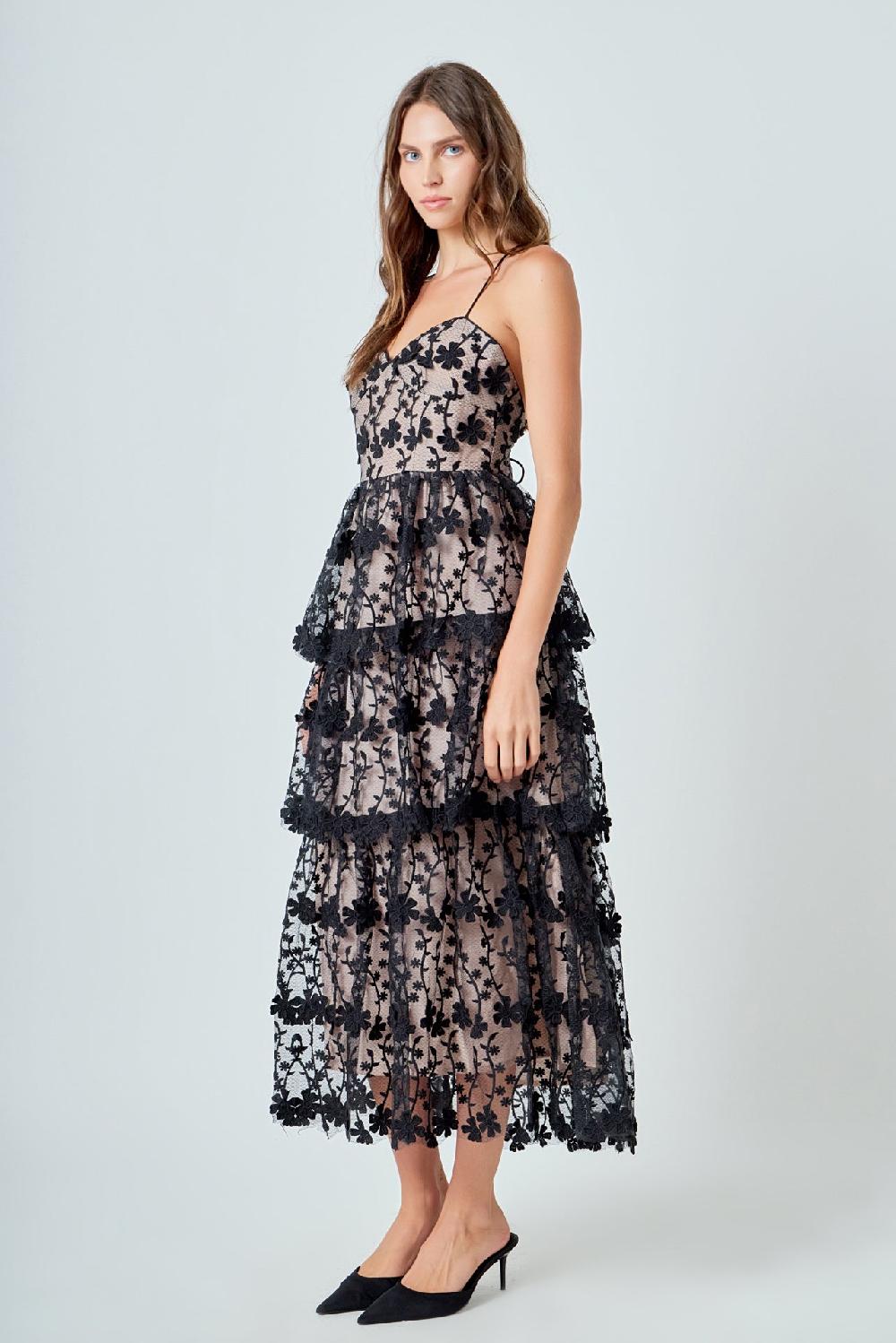 Endless Rose Crochet Layered Midi Dress BLACK