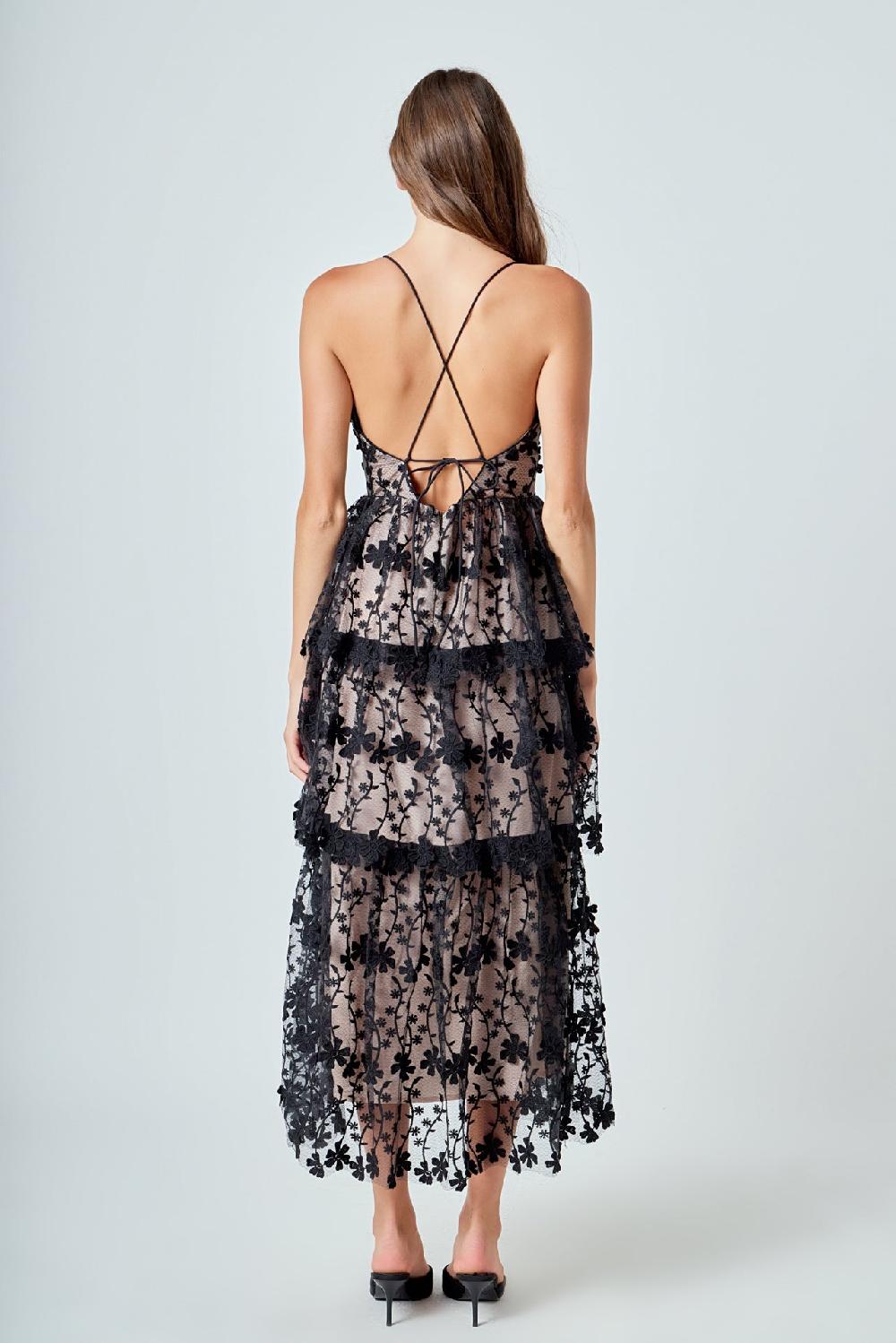 Endless Rose Crochet Layered Midi Dress BLACK