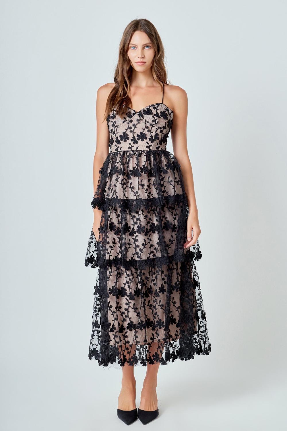 Endless Rose Crochet Layered Midi Dress BLACK