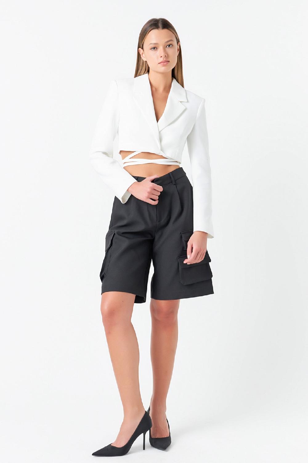 Endless Rose Cropped Blazer With Tie Detail WHITE