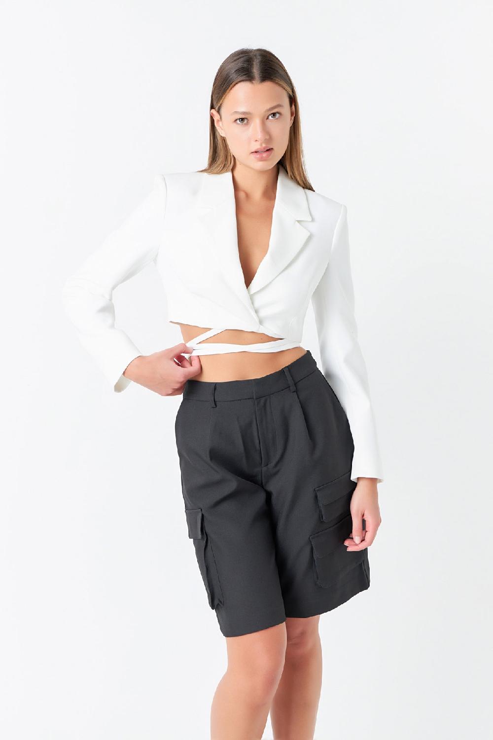 Endless Rose Cropped Blazer With Tie Detail WHITE
