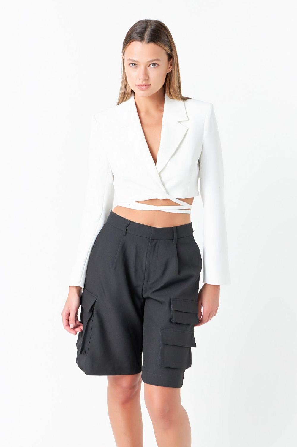endless rose Cropped Blazer with Tie Detail WHITE