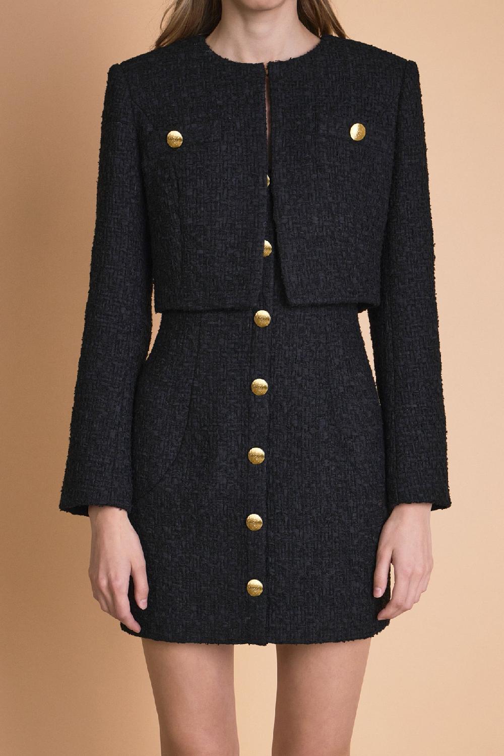 Endless Rose Cropped Buttoned Tweed Jacket BLACK