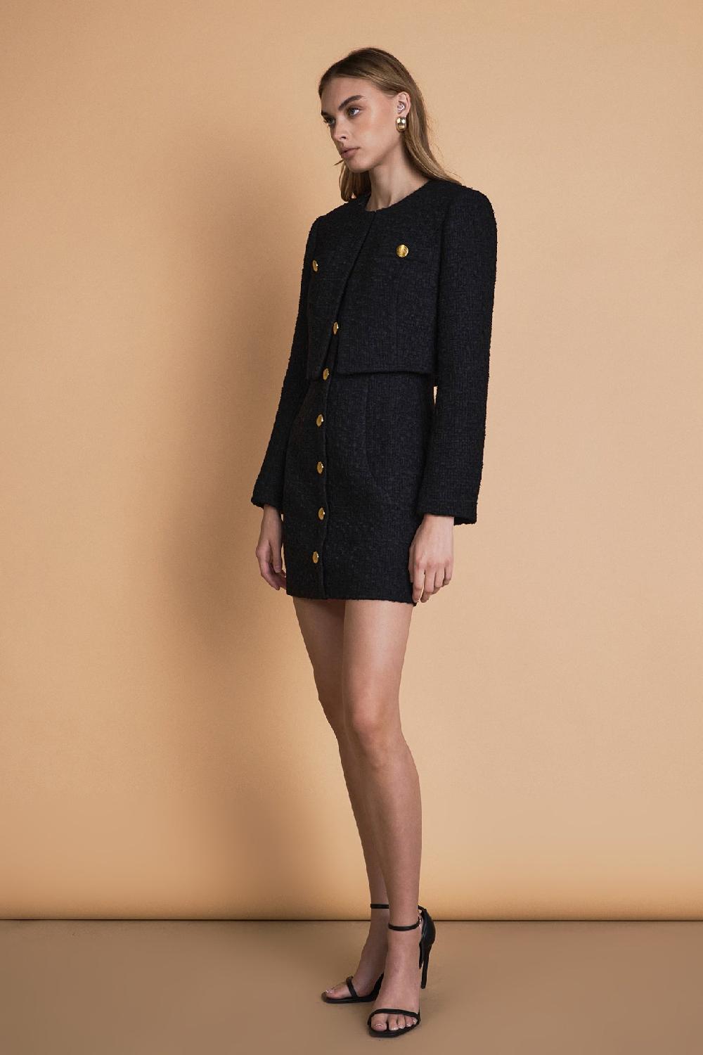 Endless Rose Cropped Buttoned Tweed Jacket BLACK