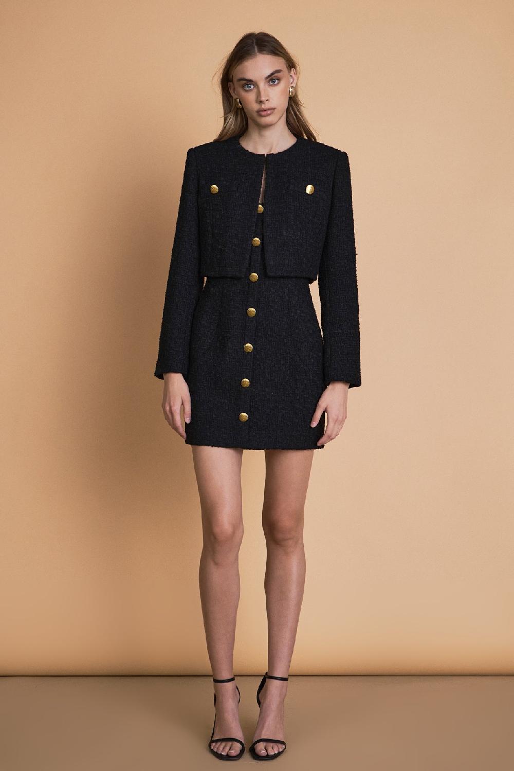 endless rose Cropped Buttoned Tweed Jacket BLACK