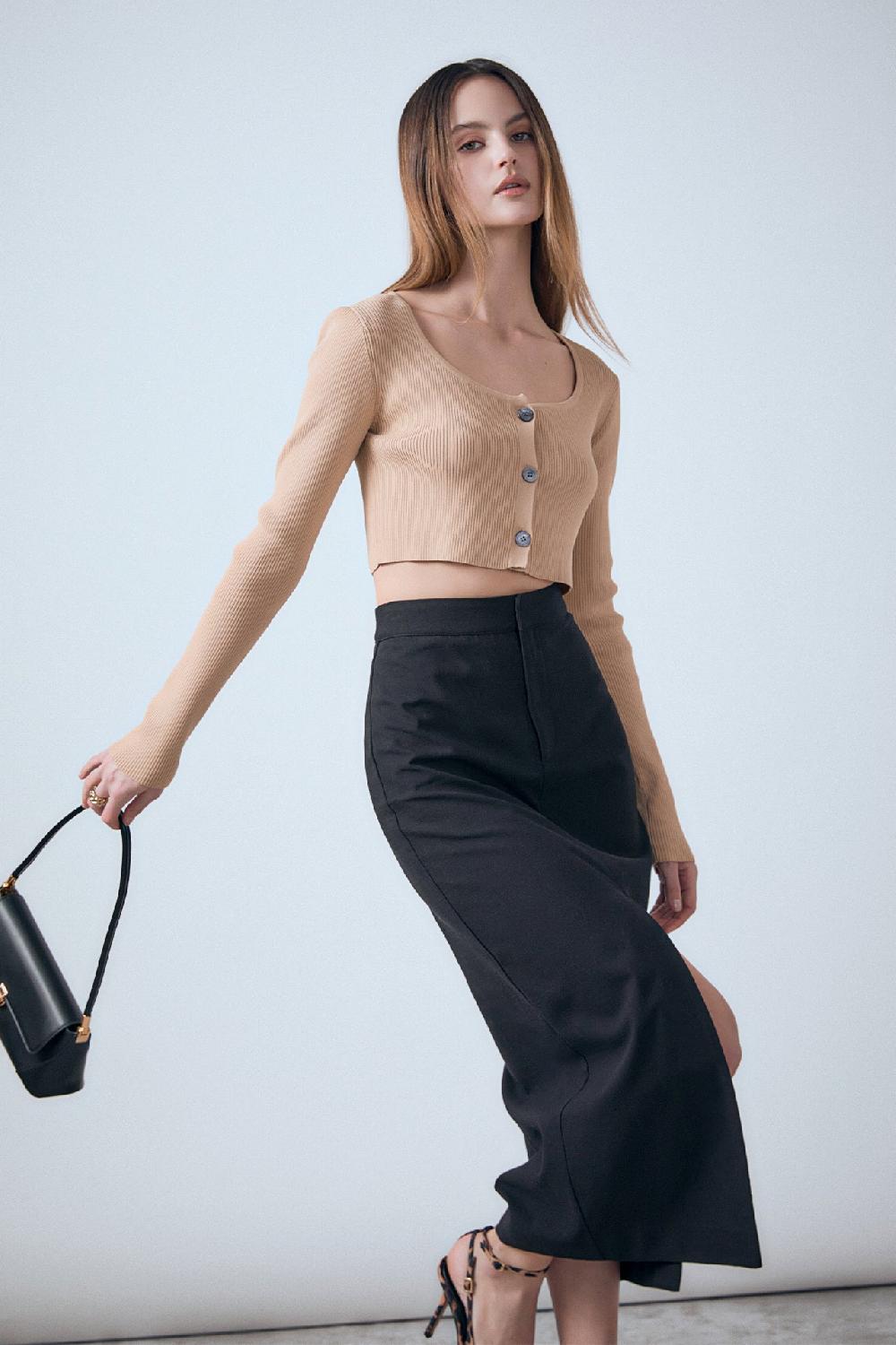 endless rose Cropped Knit Cardigan CAMEL