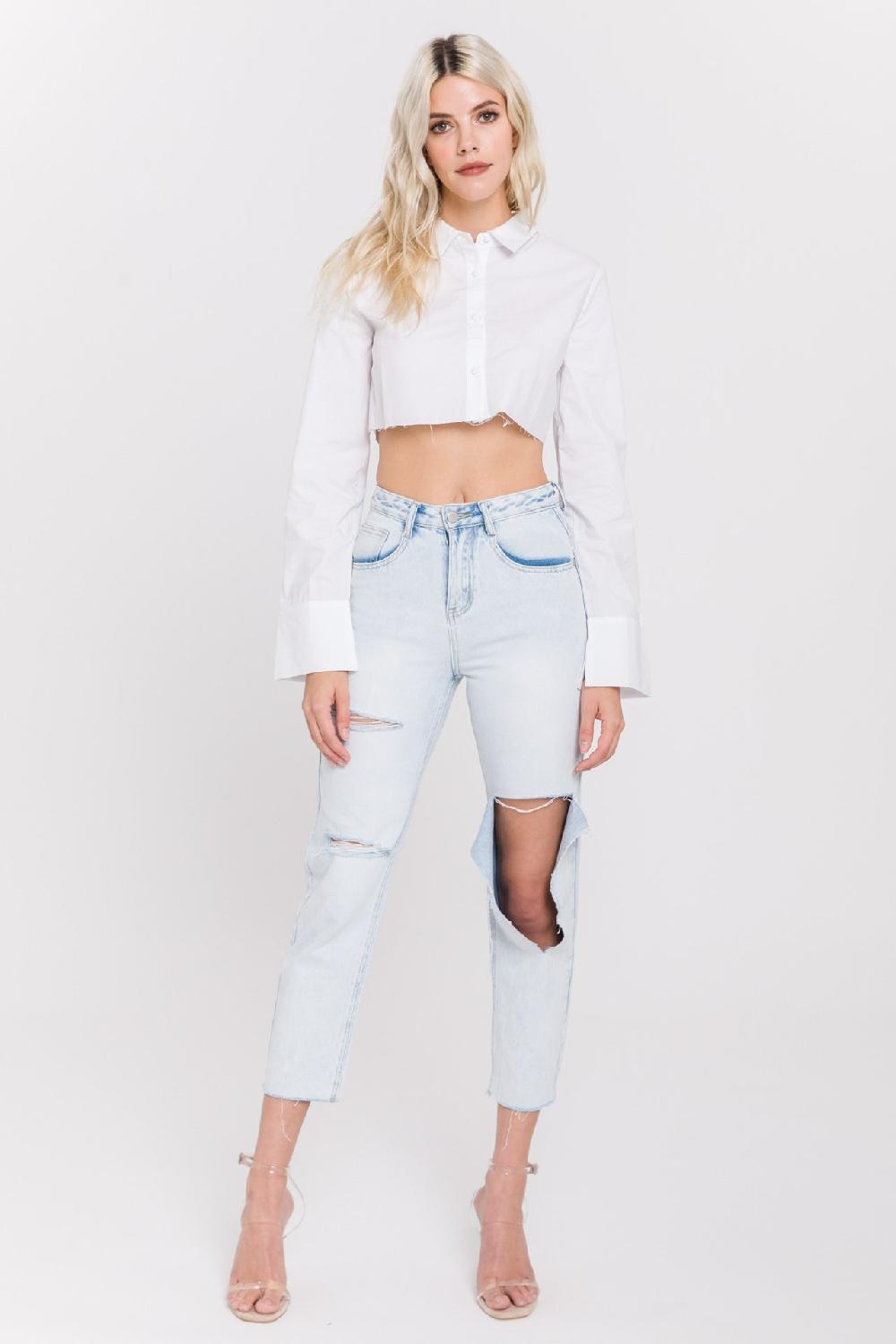 endless rose Cropped Long Sleeve Shirt WHITE