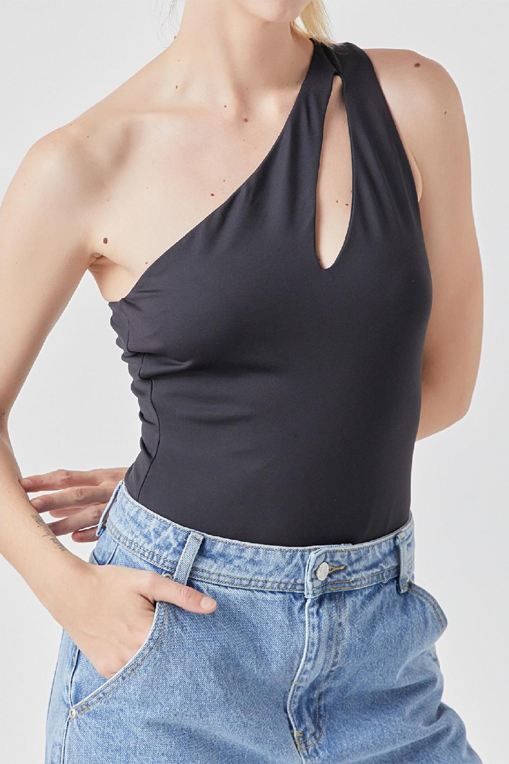 Endless Rose Cut Out Asymmetric Bodysuit BLACK