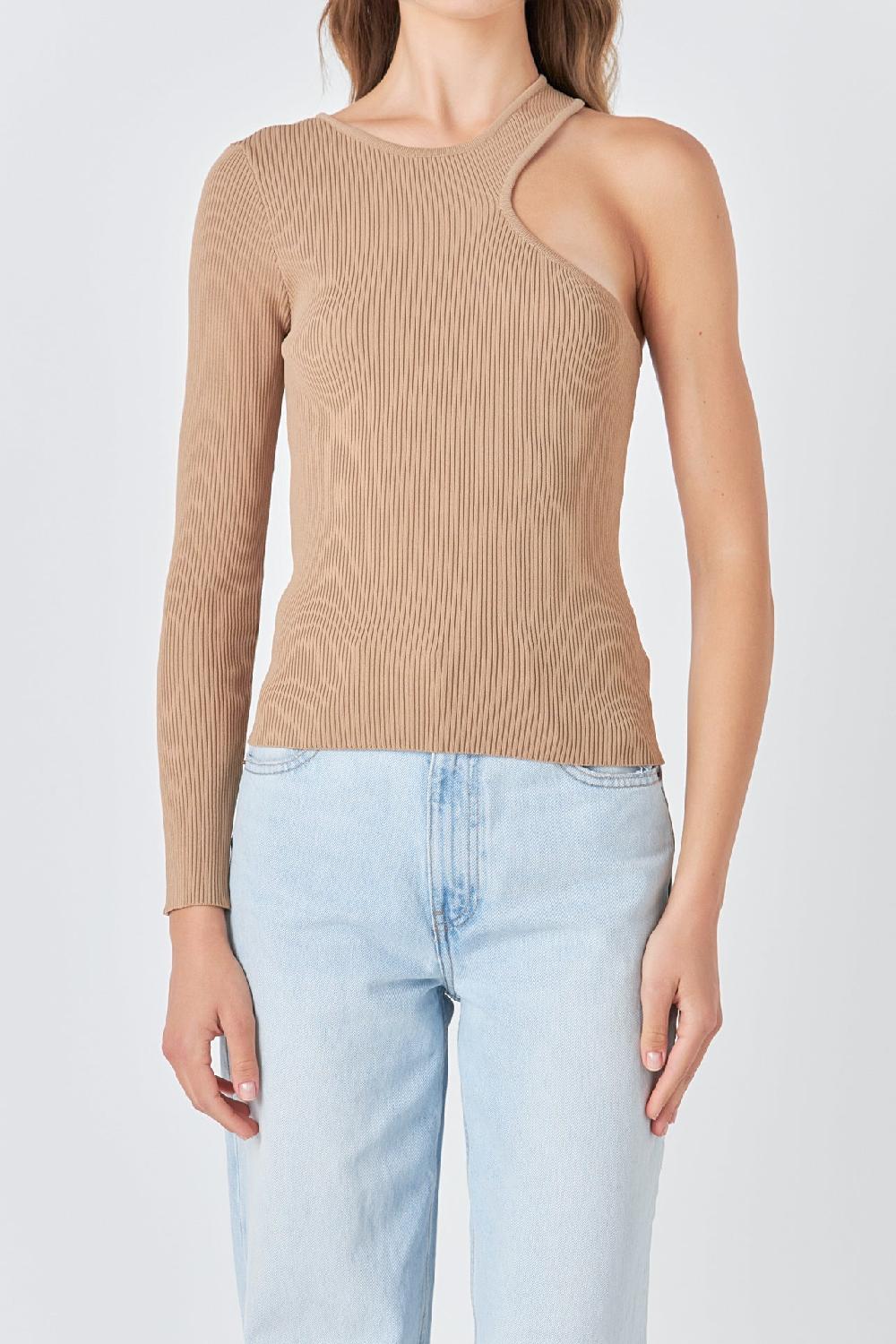 Endless Rose Cut Out One Shoulder Knit Top TAN