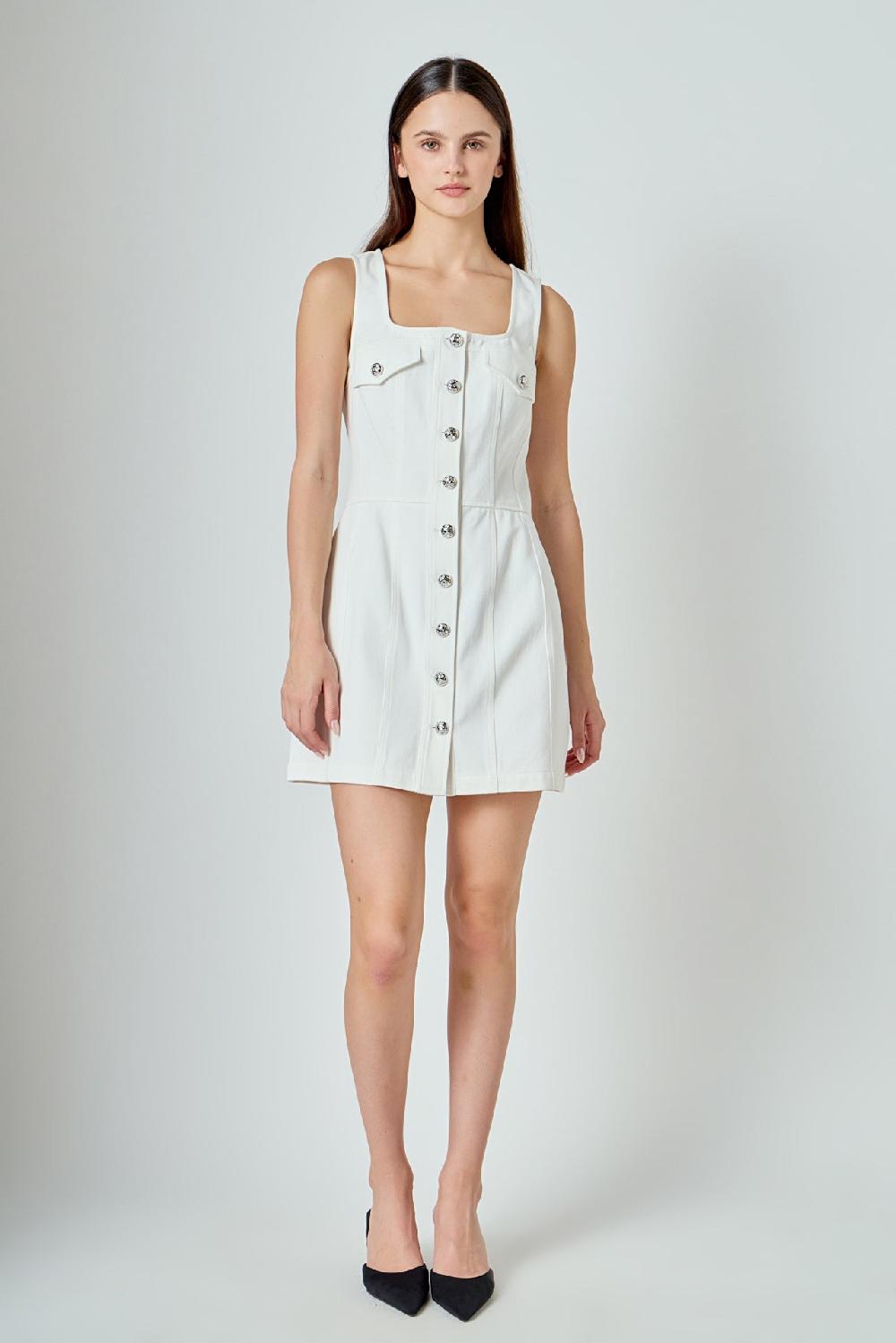 endless rose Denim Button Up Mini Dress OFF WHITE