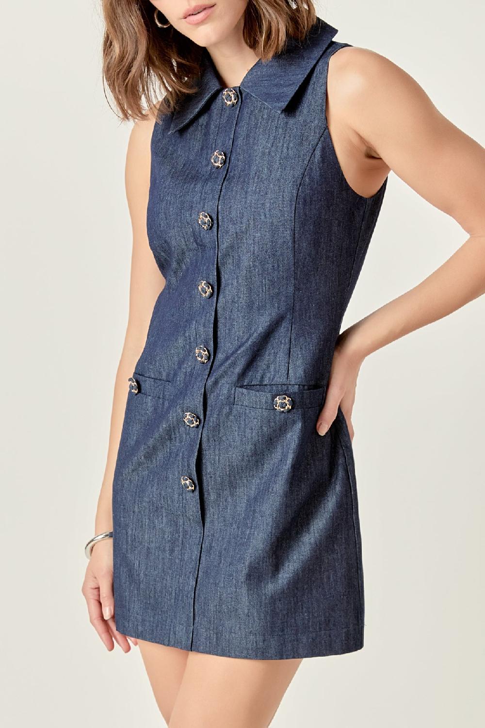 Endless Rose Denim Collared Mini Dress NAVY DENIM