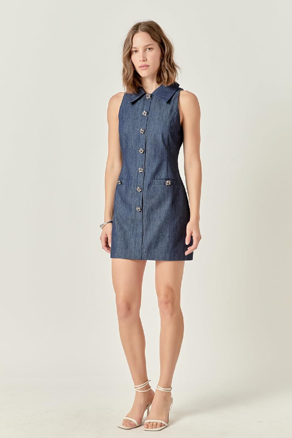 Endless Rose Denim Collared Mini Dress NAVY DENIM