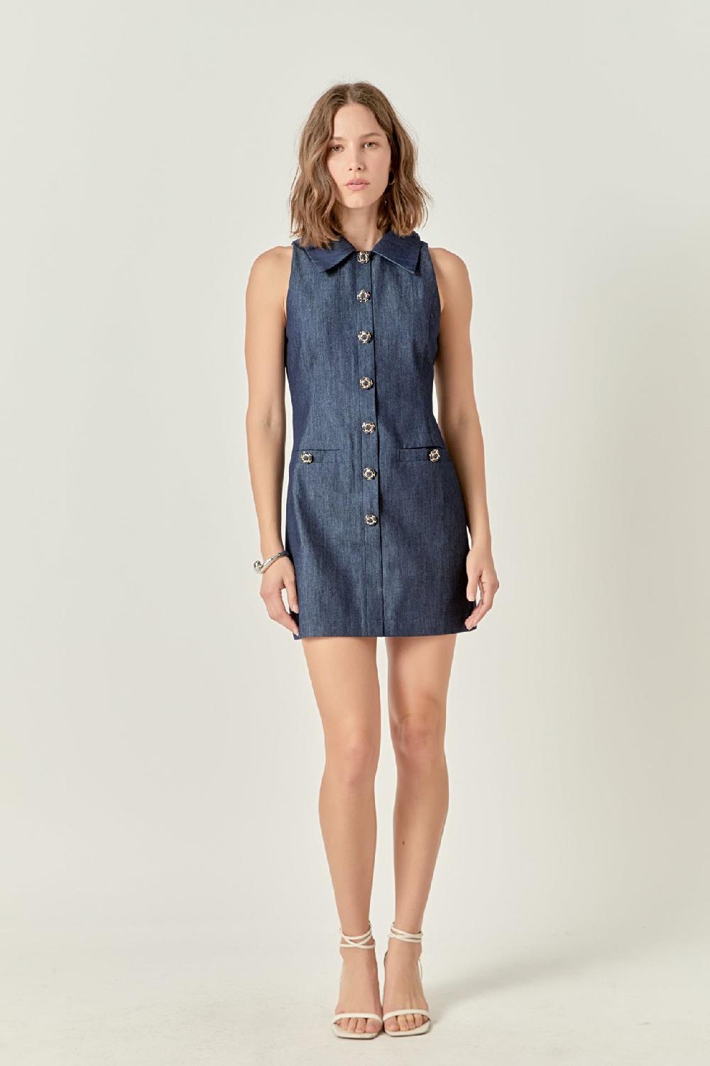endless rose Denim Collared Mini Dress NAVY DENIM