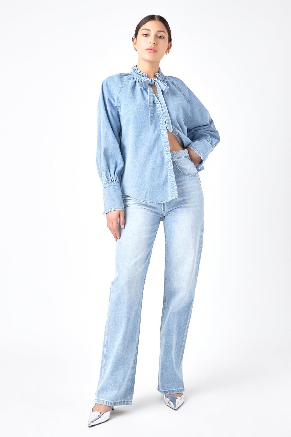Endless Rose Denim Shirt With Tie BLUE