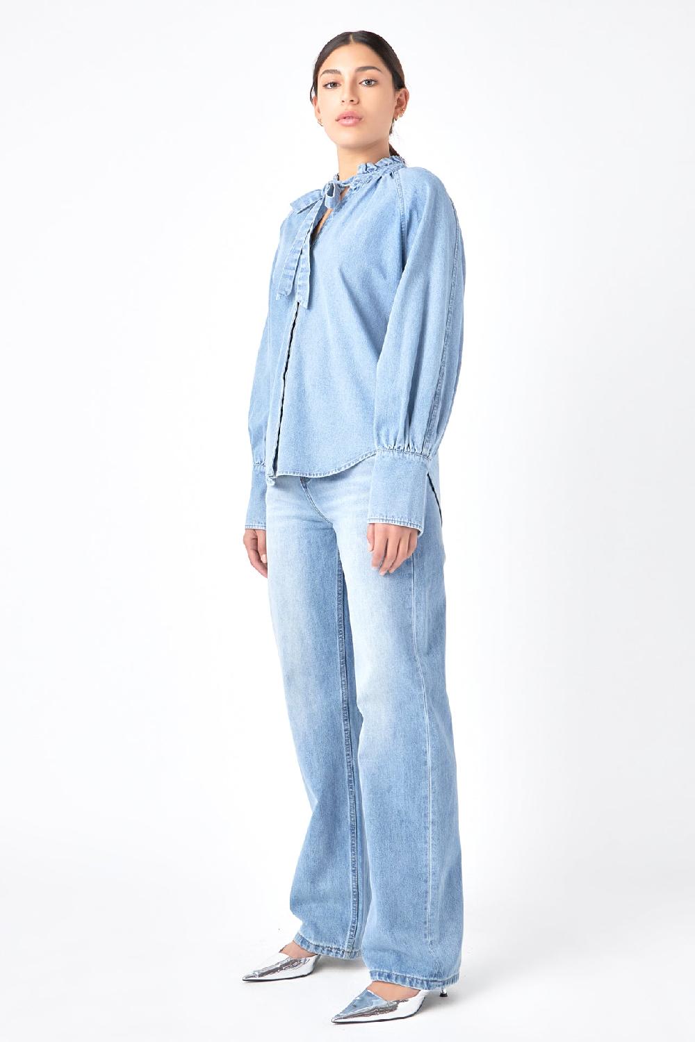 Endless Rose Denim Shirt With Tie BLUE