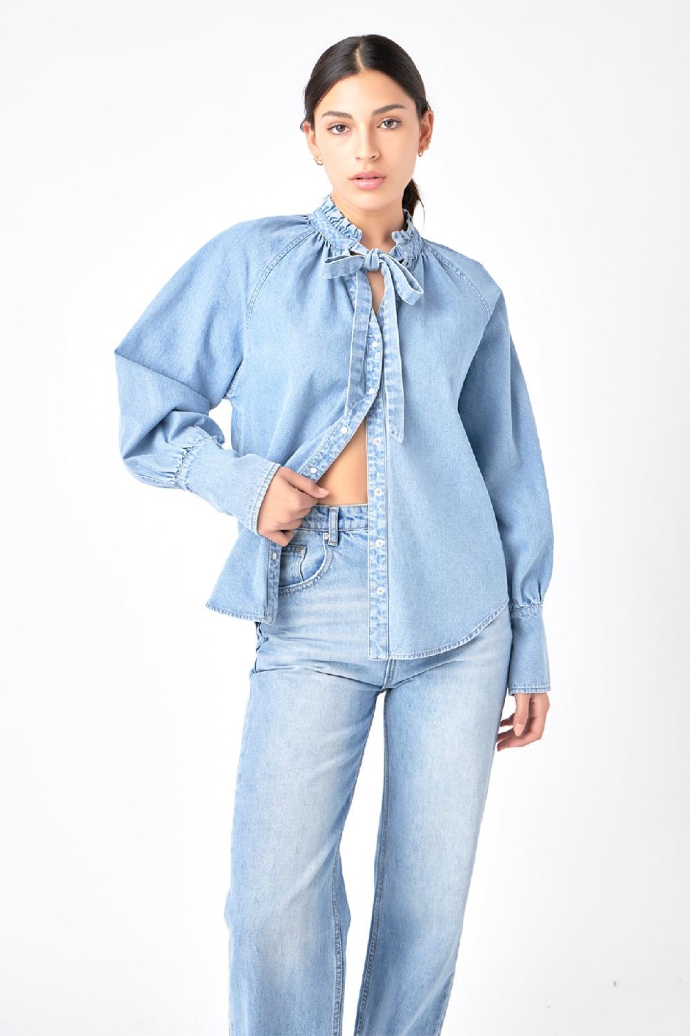 Endless Rose Denim Shirt With Tie BLUE