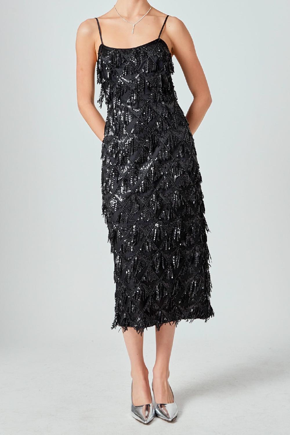 Endless Rose Diagonal Sequins Slip Dress BLACK