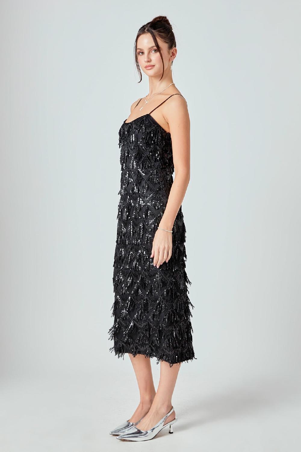 Endless Rose Diagonal Sequins Slip Dress BLACK