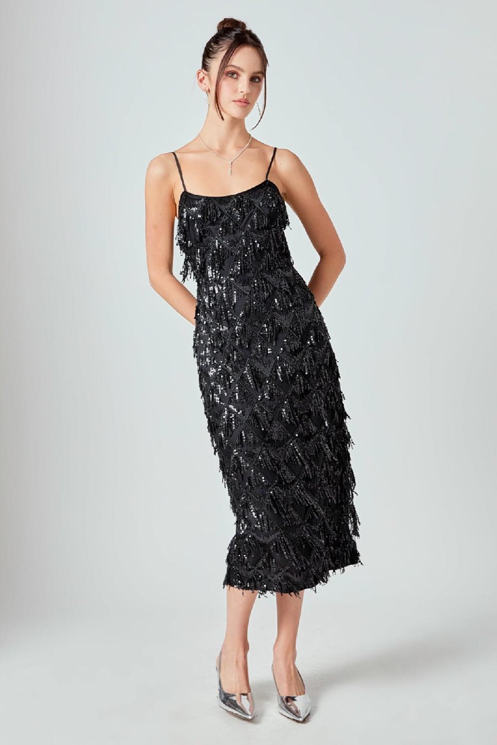endless rose Diagonal Sequins Slip Dress BLACK