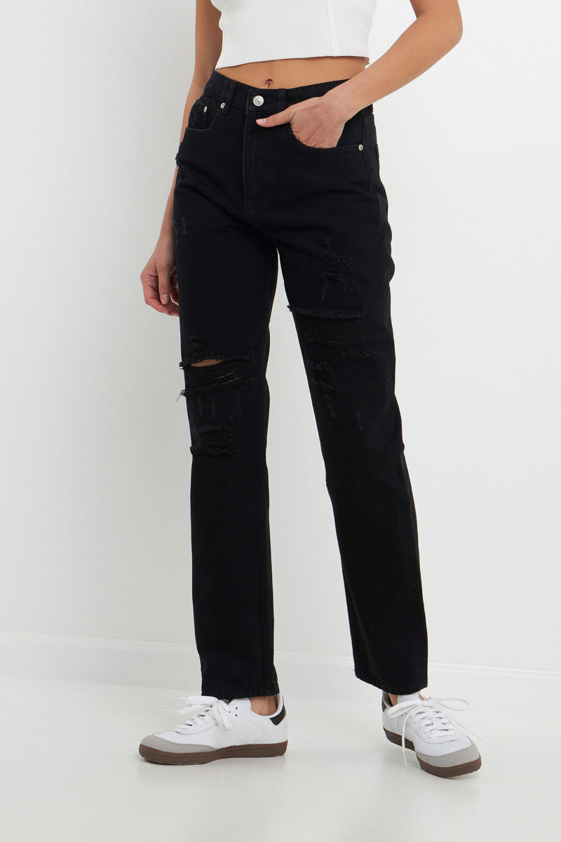 Endless Rose Distressed Straight Leg Jeans BLACK
