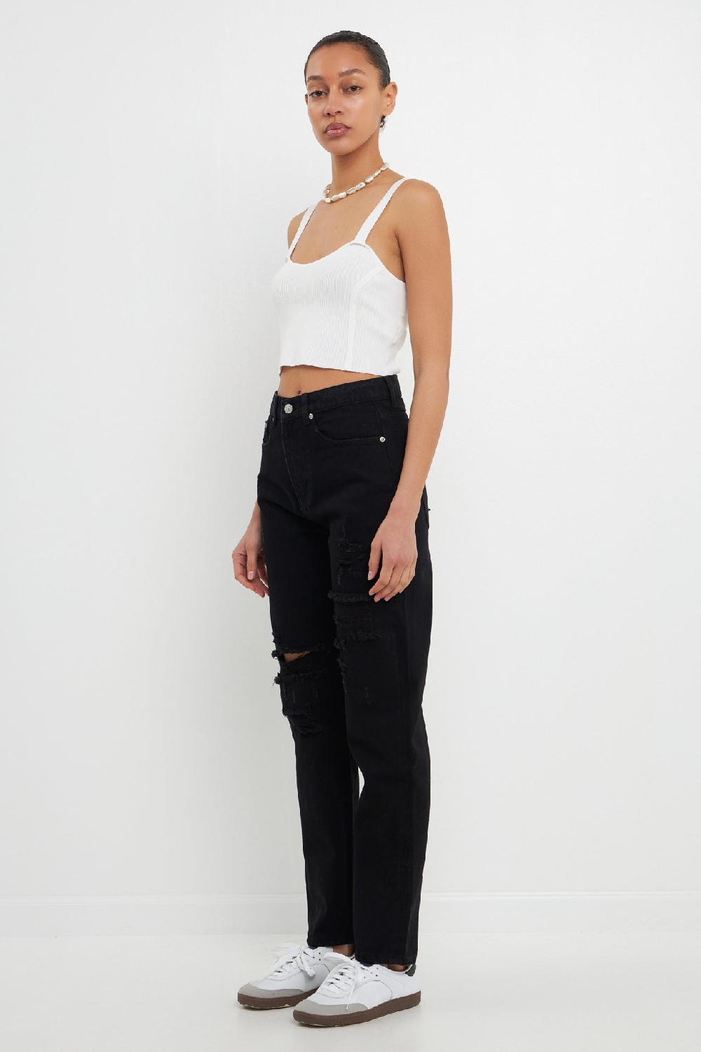 Endless Rose Distressed Straight Leg Jeans BLACK