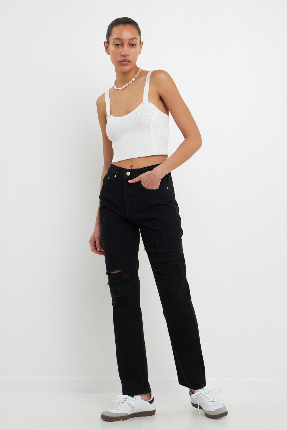 endless rose Distressed Straight Leg Jeans BLACK