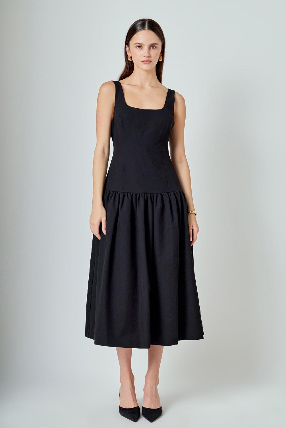 endless rose Drop Waist Peplum Midi Dress BLACK