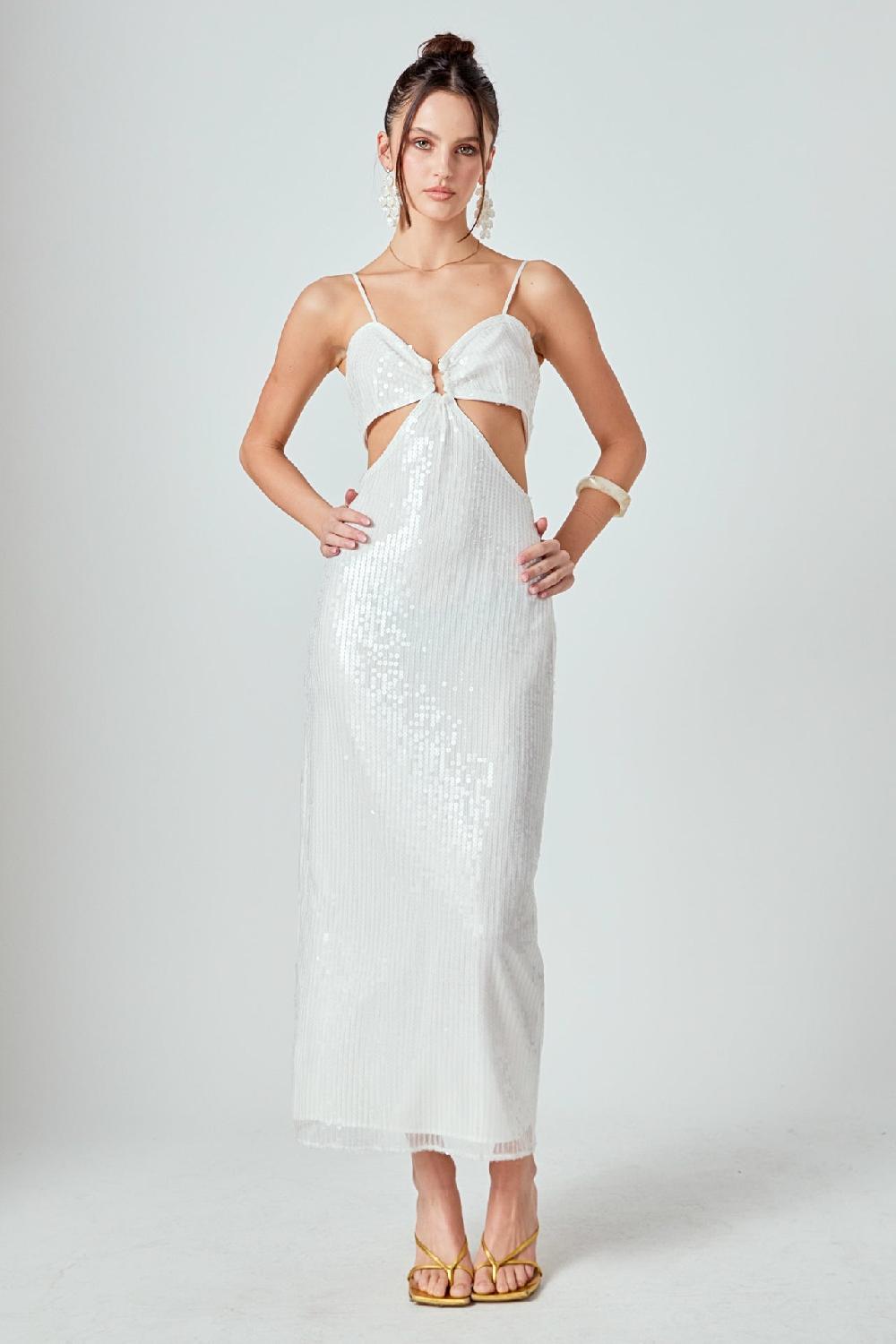 Endless Rose Emma Sequin Cut Out Midi Dress WHITE