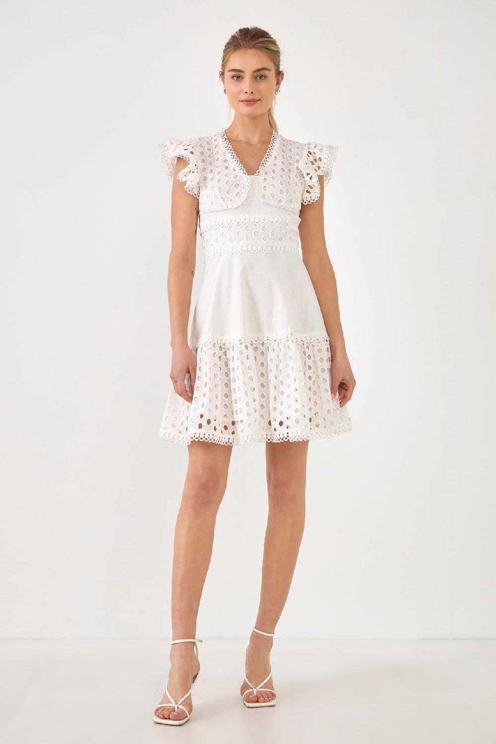 endless rose Eyelet Mixed Media Mini Dress WHITE
